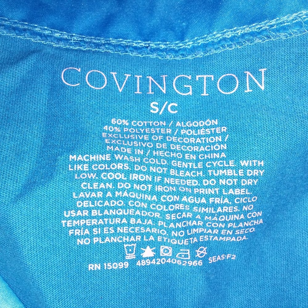 Covington T Shirt Small Blue V Neck Short Sleeve Pit to Pit 18" Length 24" Preow - Picture 8 of 8